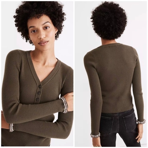 MADEWELL Green Ruffle Cuff Henley Sweater - Picture 1 of 12